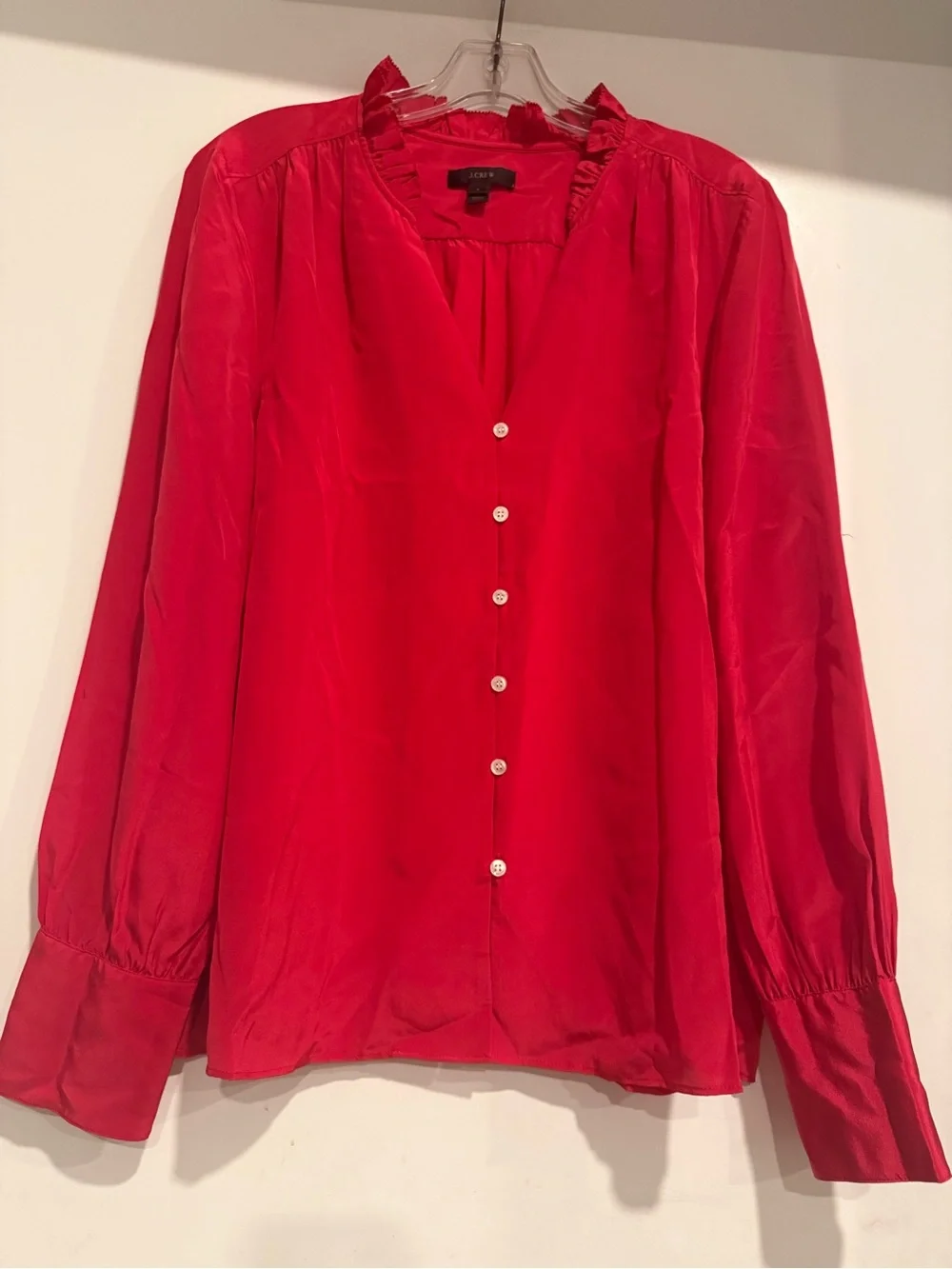 J.CREW 100% Silk Red Ruffle Collar Button Up Blouse Top Long Sleeve Size L